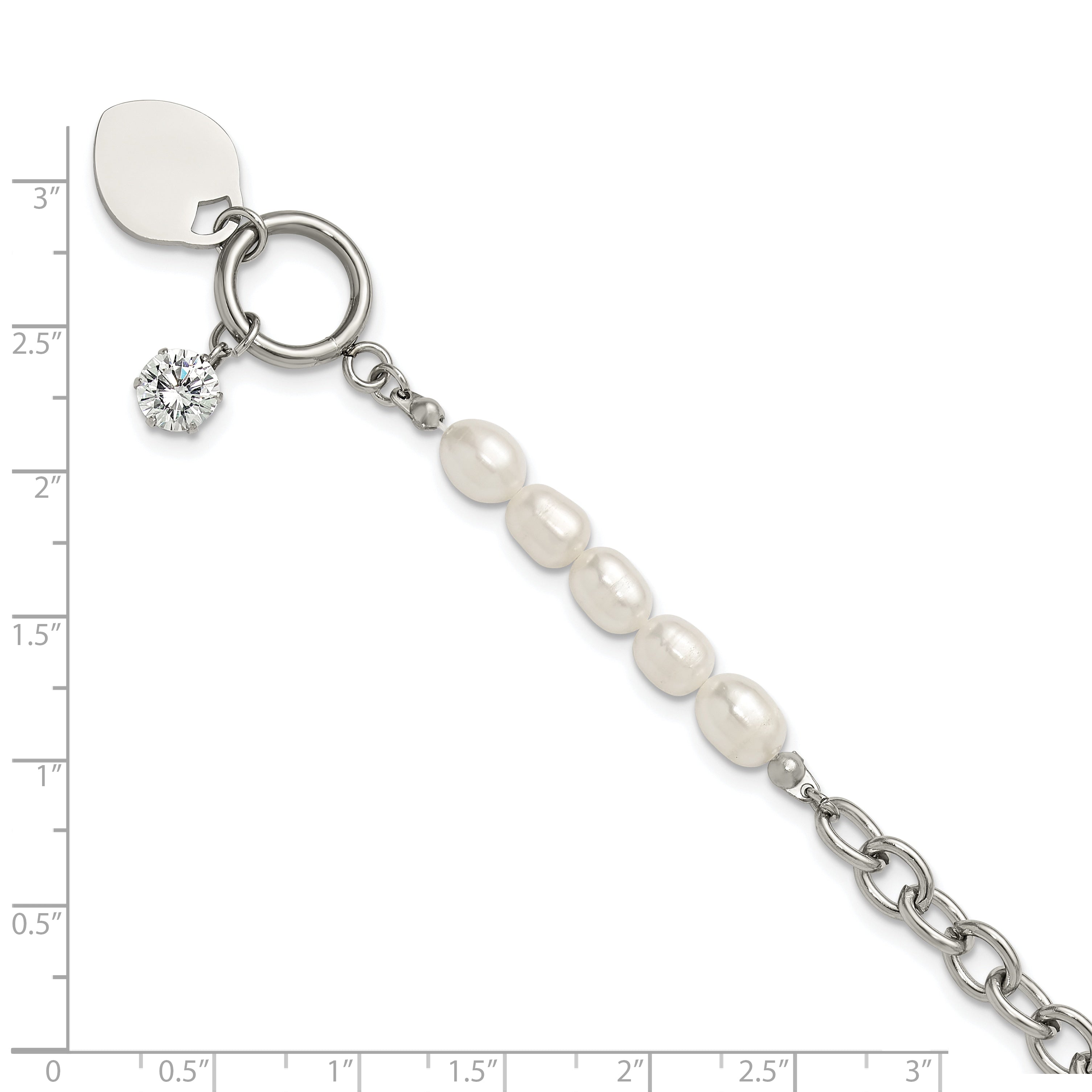 Polished Freshwater Cultured Pearl Heart Stainless Steel Bracelet 6mm