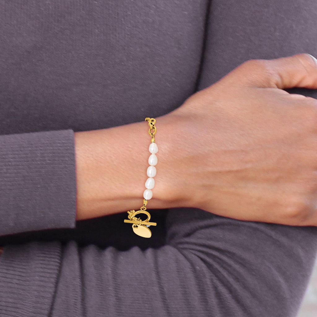 Gold-Tone Polished Freshwater Cultured Pearl Heart Stainless Steel Bracelet 6mm