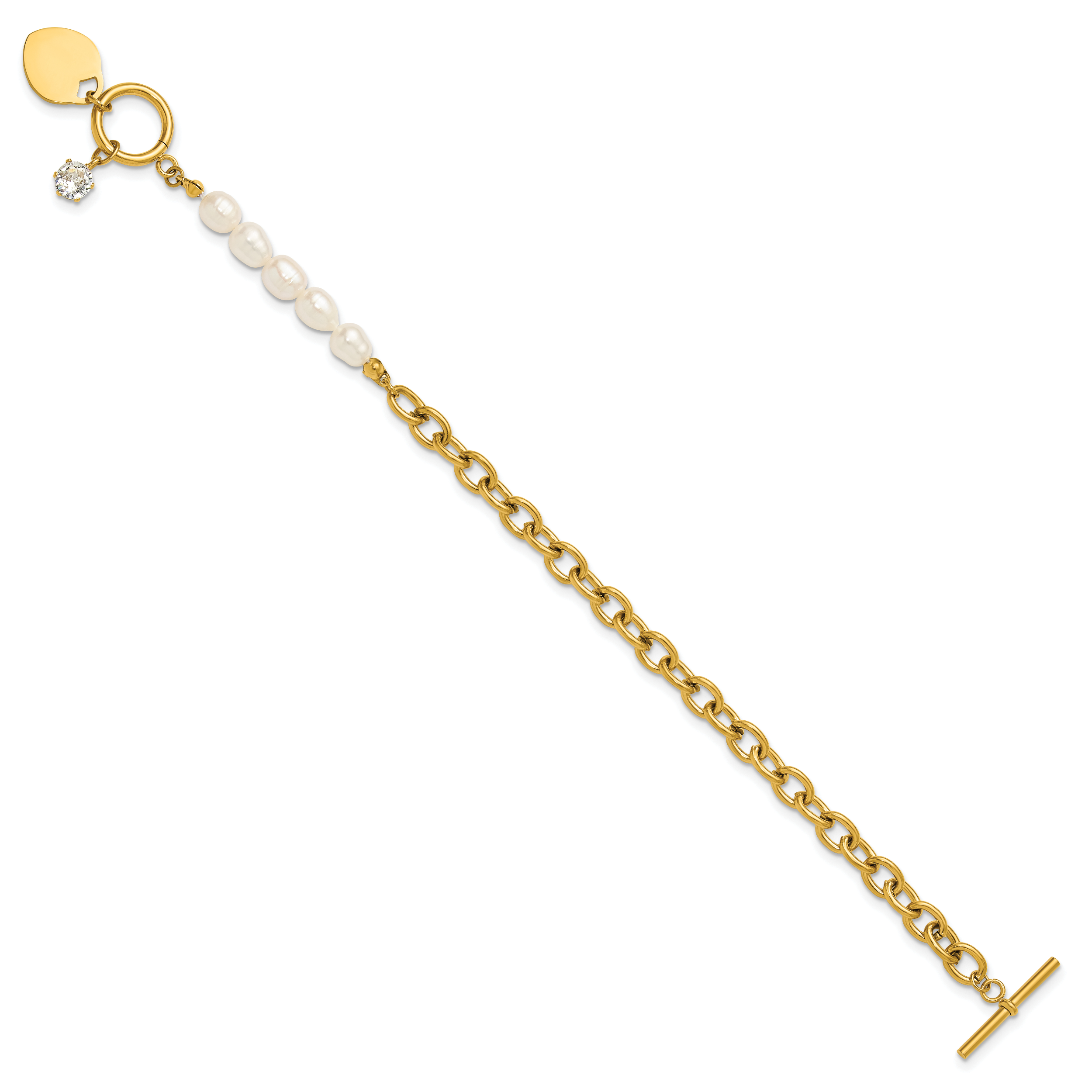 Gold-Tone Polished Freshwater Cultured Pearl Heart Stainless Steel Bracelet 6mm