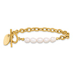 Gold-Tone Polished Freshwater Cultured Pearl Heart Stainless Steel Bracelet 6mm