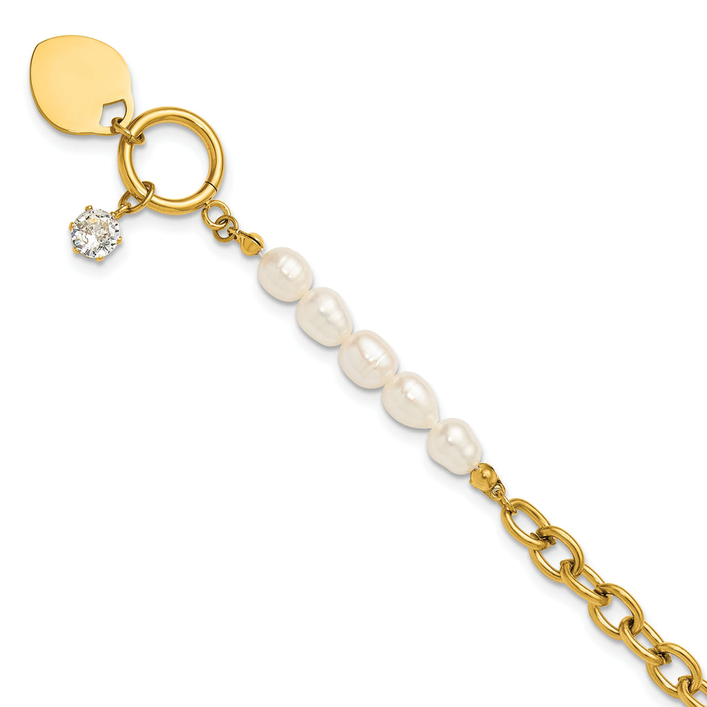 Gold-Tone Polished Freshwater Cultured Pearl Heart Stainless Steel Bracelet 6mm