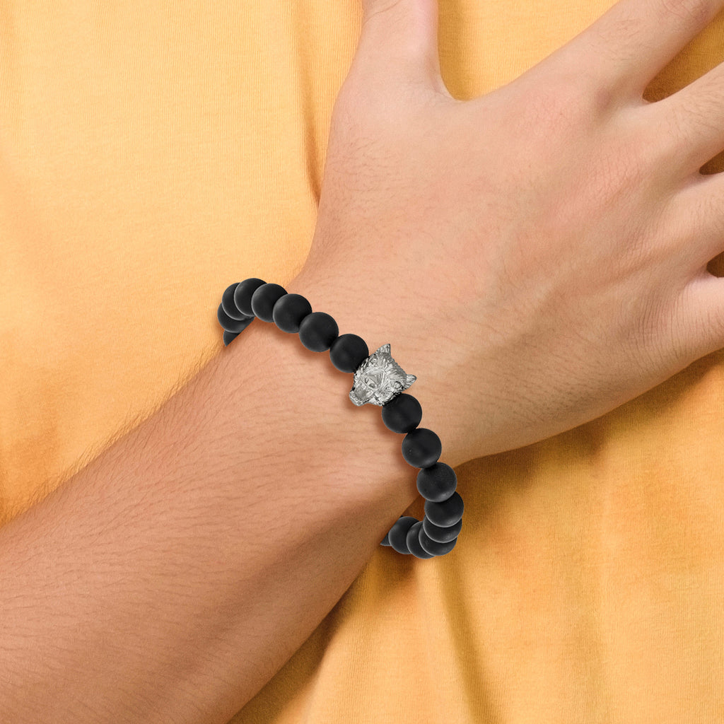 Men's Polished Black Agate Stainless Steel Bracelet 8mm