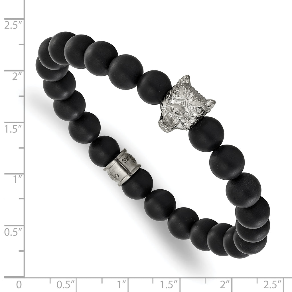Men's Polished Black Agate Stainless Steel Bracelet 8mm