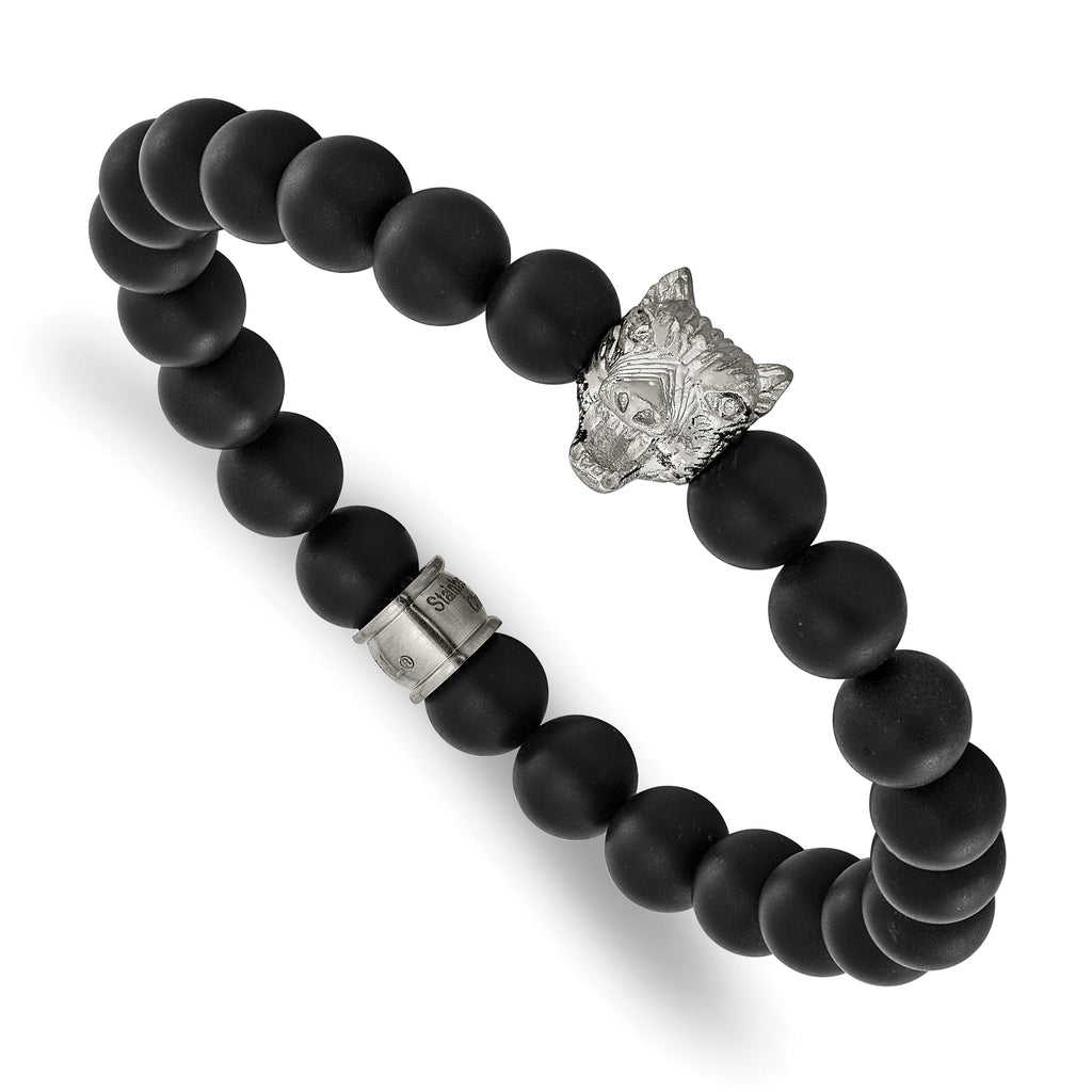 Men's Polished Black Agate Stainless Steel Bracelet 8mm