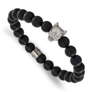 Men's Polished Black Agate Stainless Steel Bracelet 8mm