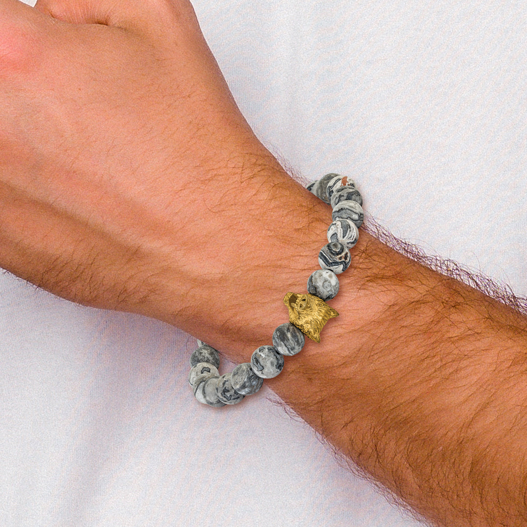 Men's Gold-Tone Antiqued Grey Jasper Stainless Steel Bracelet 9mm