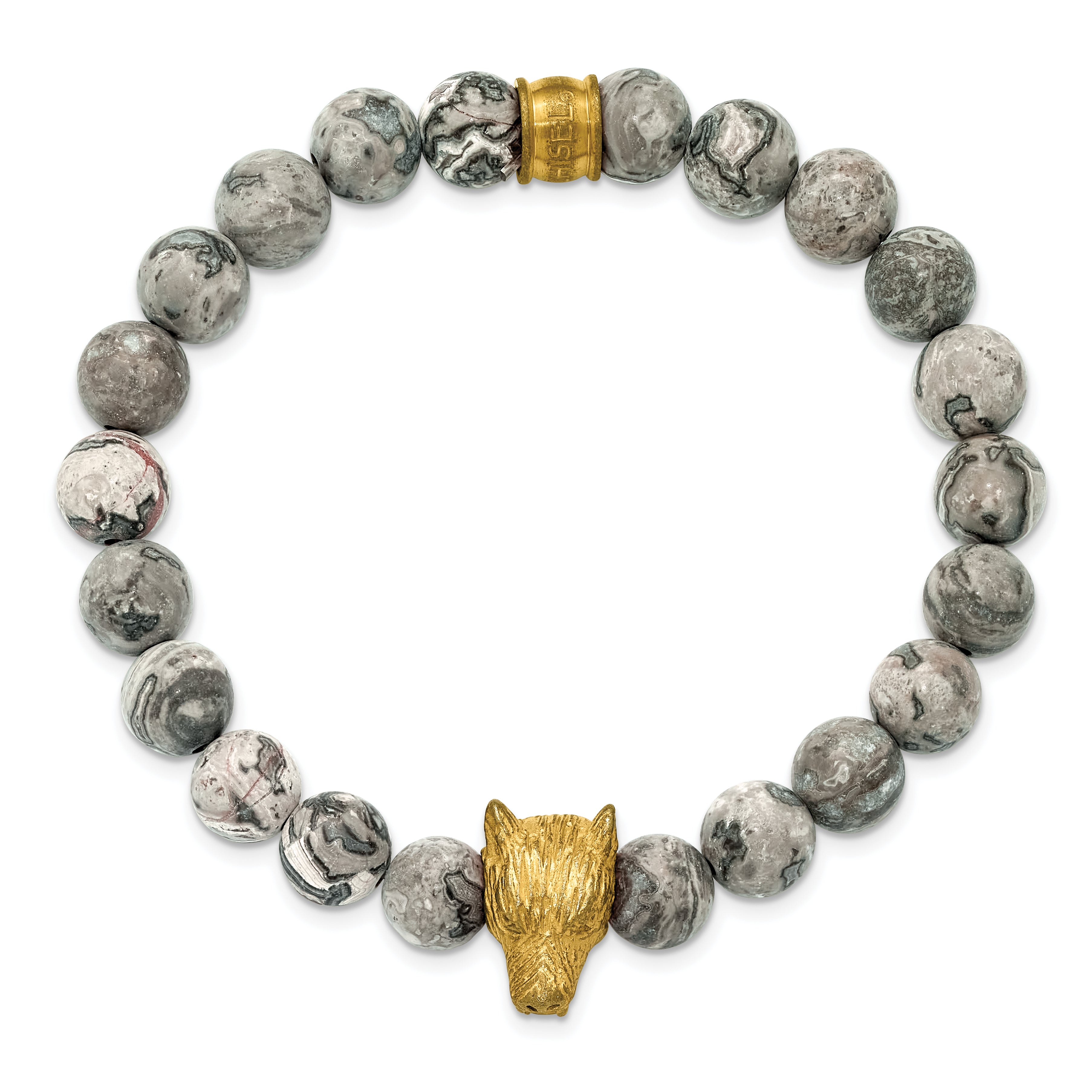 Men's Gold-Tone Antiqued Grey Jasper Stainless Steel Bracelet 9mm