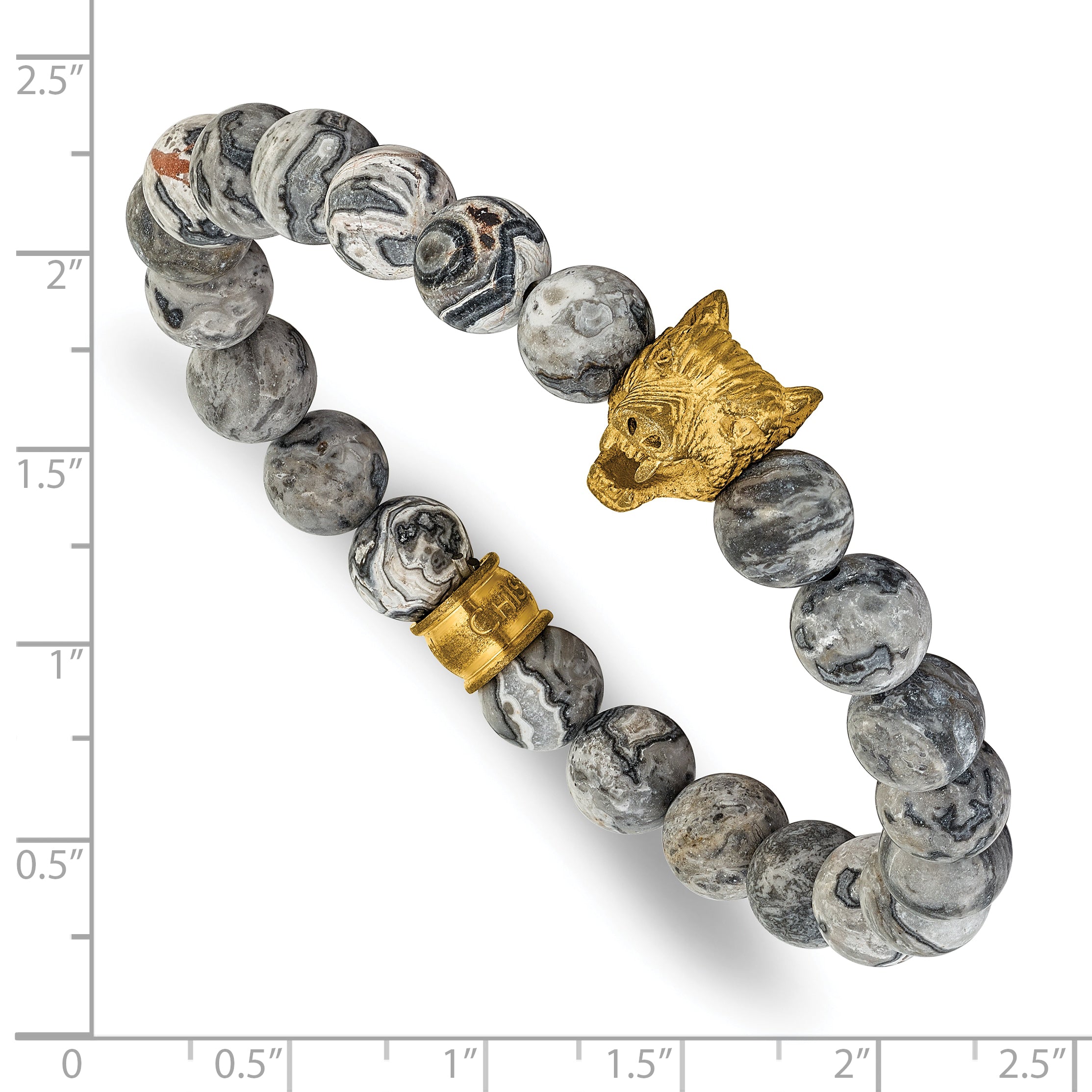 Men's Gold-Tone Antiqued Grey Jasper Stainless Steel Bracelet 9mm