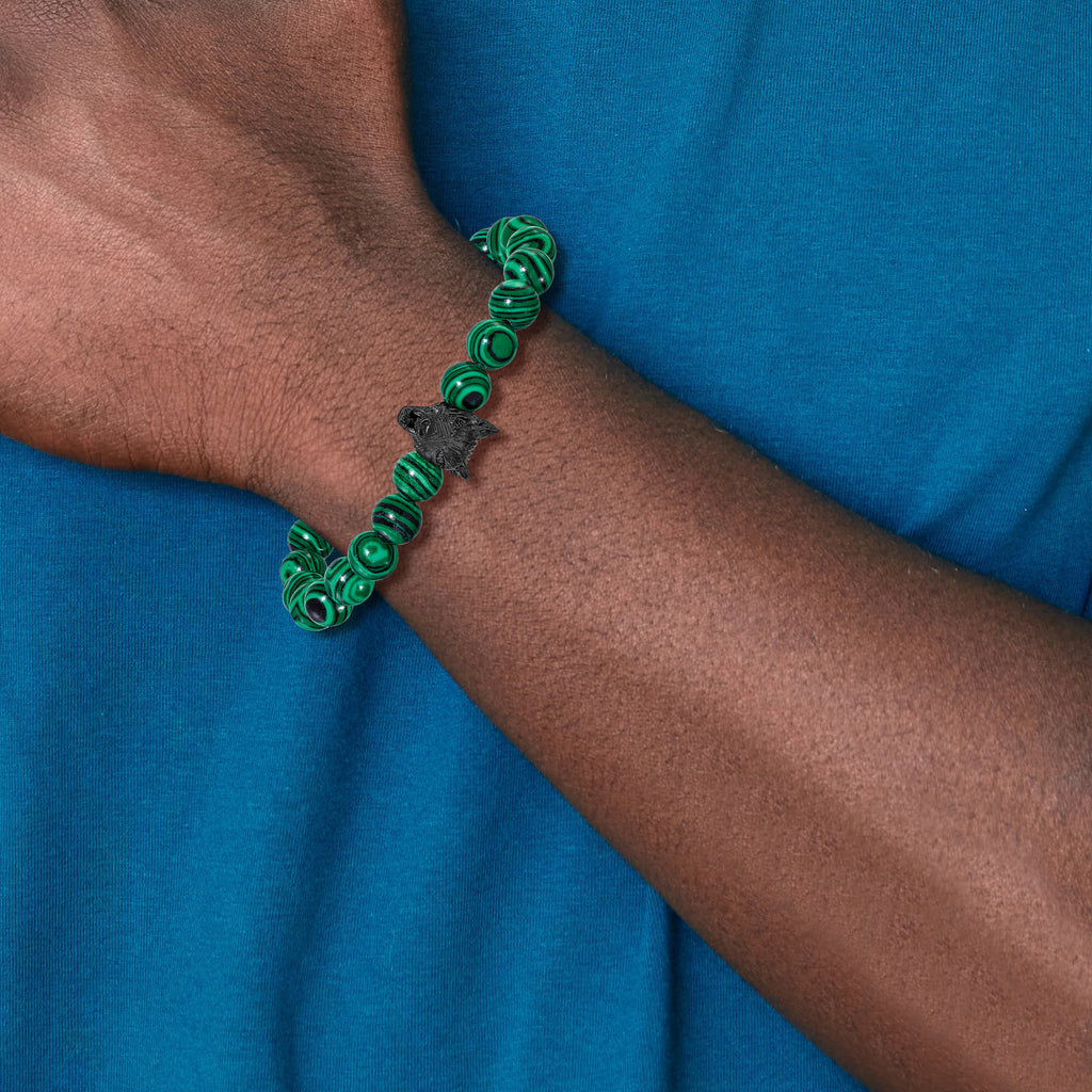 Men's Black Ion-Plated Polished Malachite Stainless Steel Bracelet 8mm