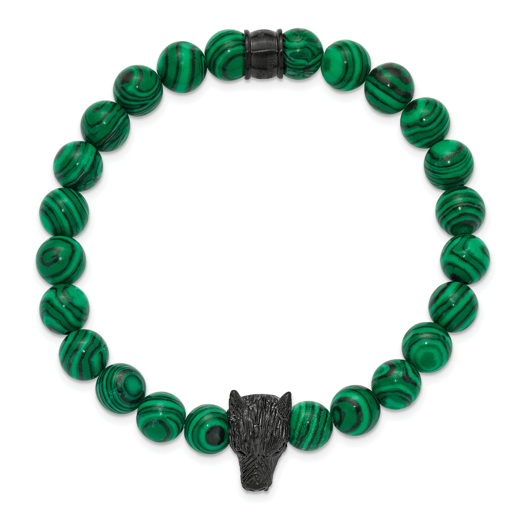 Men's Black Ion-Plated Polished Malachite Stainless Steel Bracelet 8mm