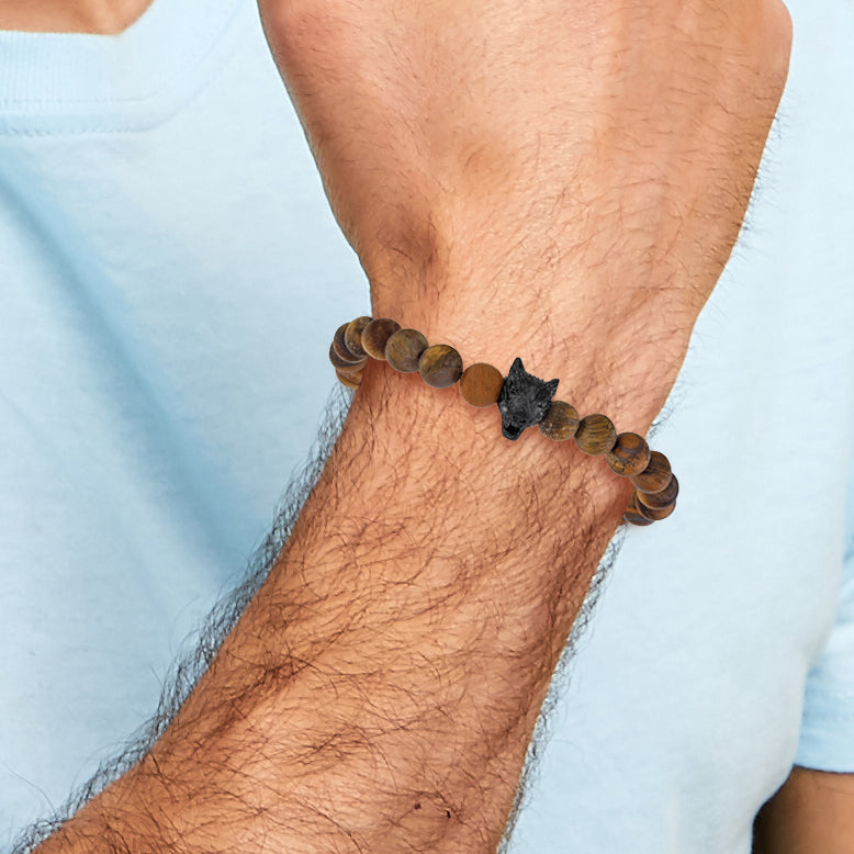 Men's Gold-Tone Polished Brown Tiger's Eye Stainless Steel Bracelet 8.5mm