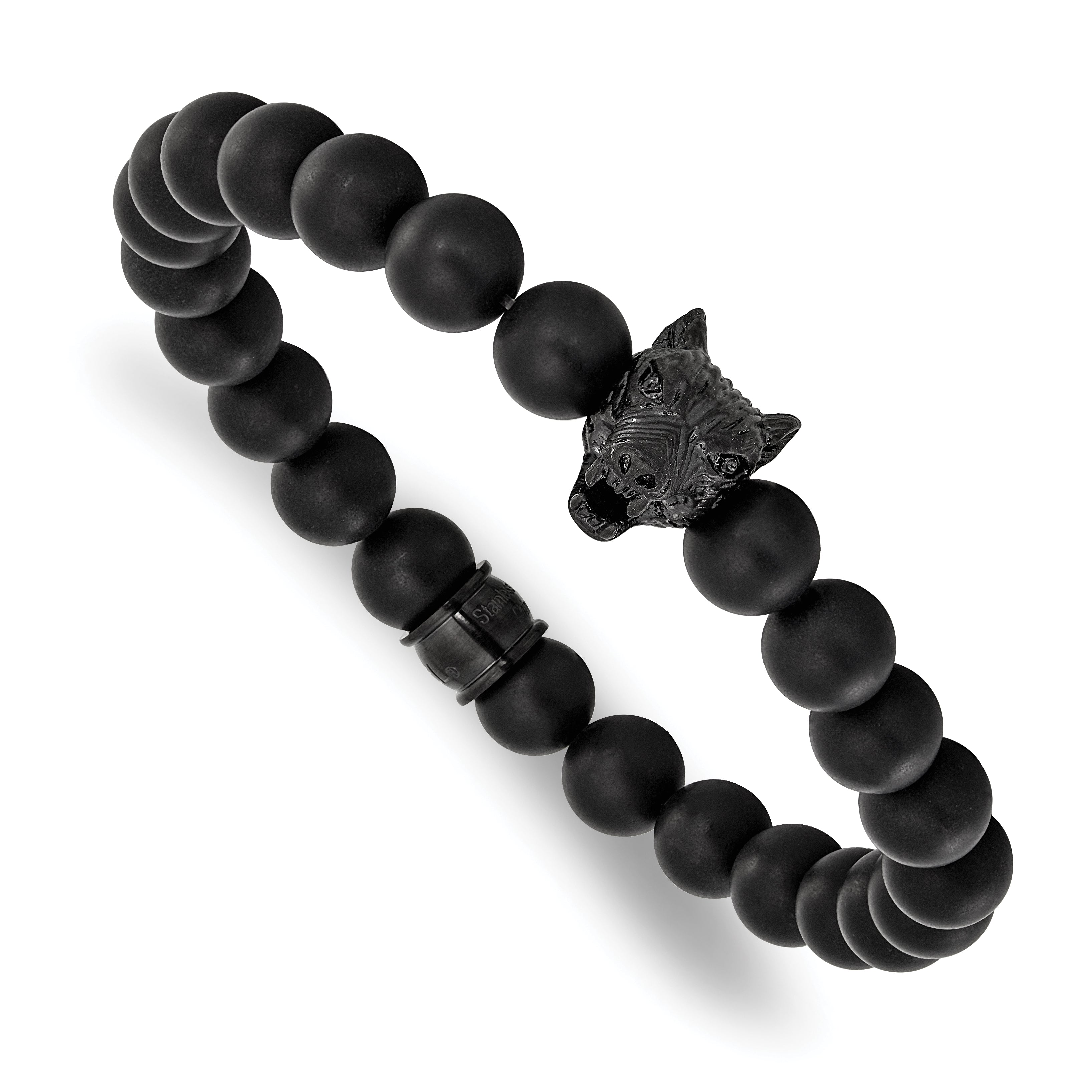 Men's Black Ion-Plated Polished Agate Stainless Steel Bracelet 8mm