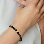 Gold-Tone Polished Black Agate Stainless Steel Bracelet 6mm