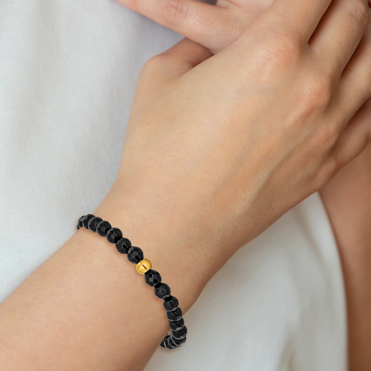 Gold-Tone Polished Black Agate Stainless Steel Bracelet 6mm