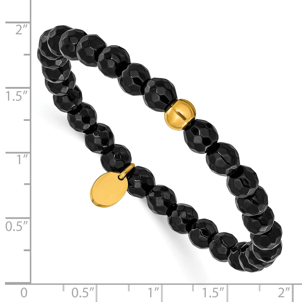Gold-Tone Polished Black Agate Stainless Steel Bracelet 6mm