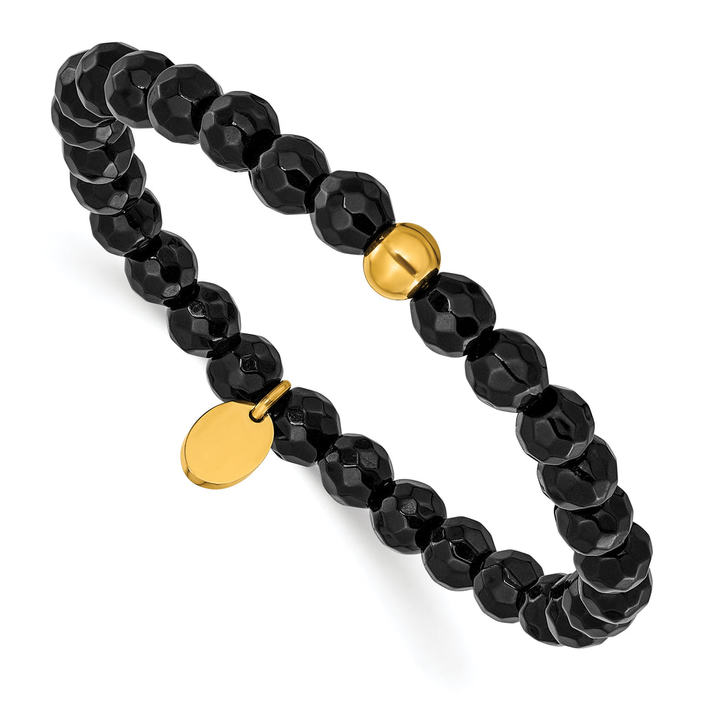 Gold-Tone Polished Black Agate Stainless Steel Bracelet 6mm