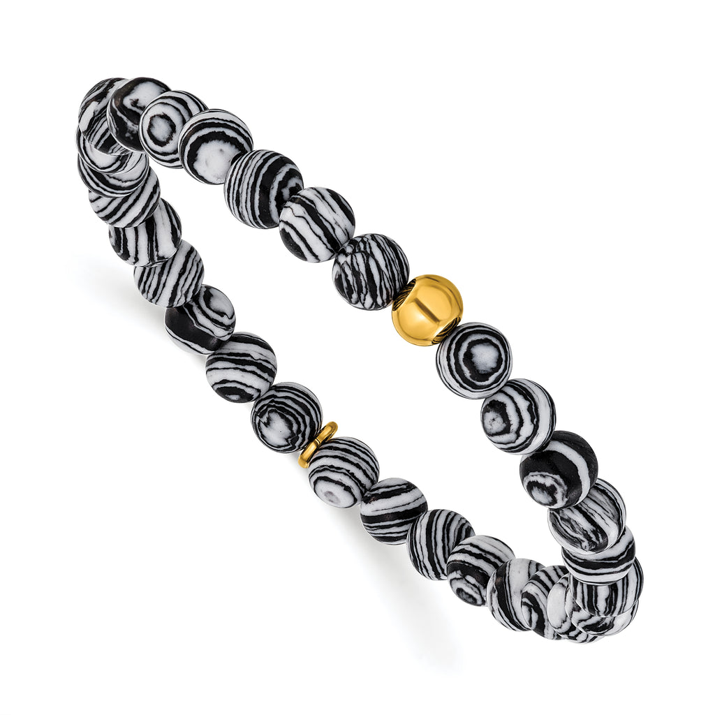 Gold-Tone Polished Black Agate Stainless Steel Bracelet 6.5mm