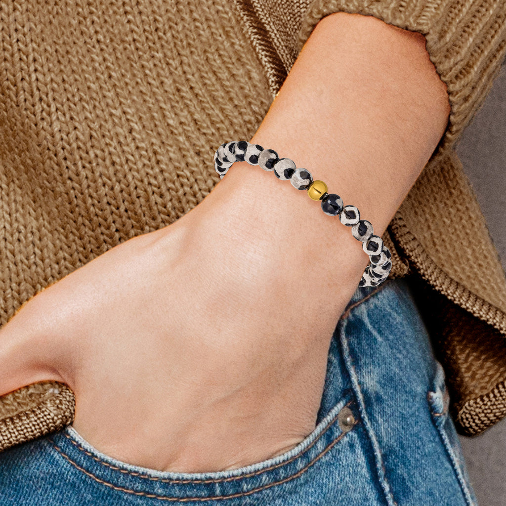 Gold-Tone Polished Black Agate Stainless Steel Bracelet 6mm 6.25in