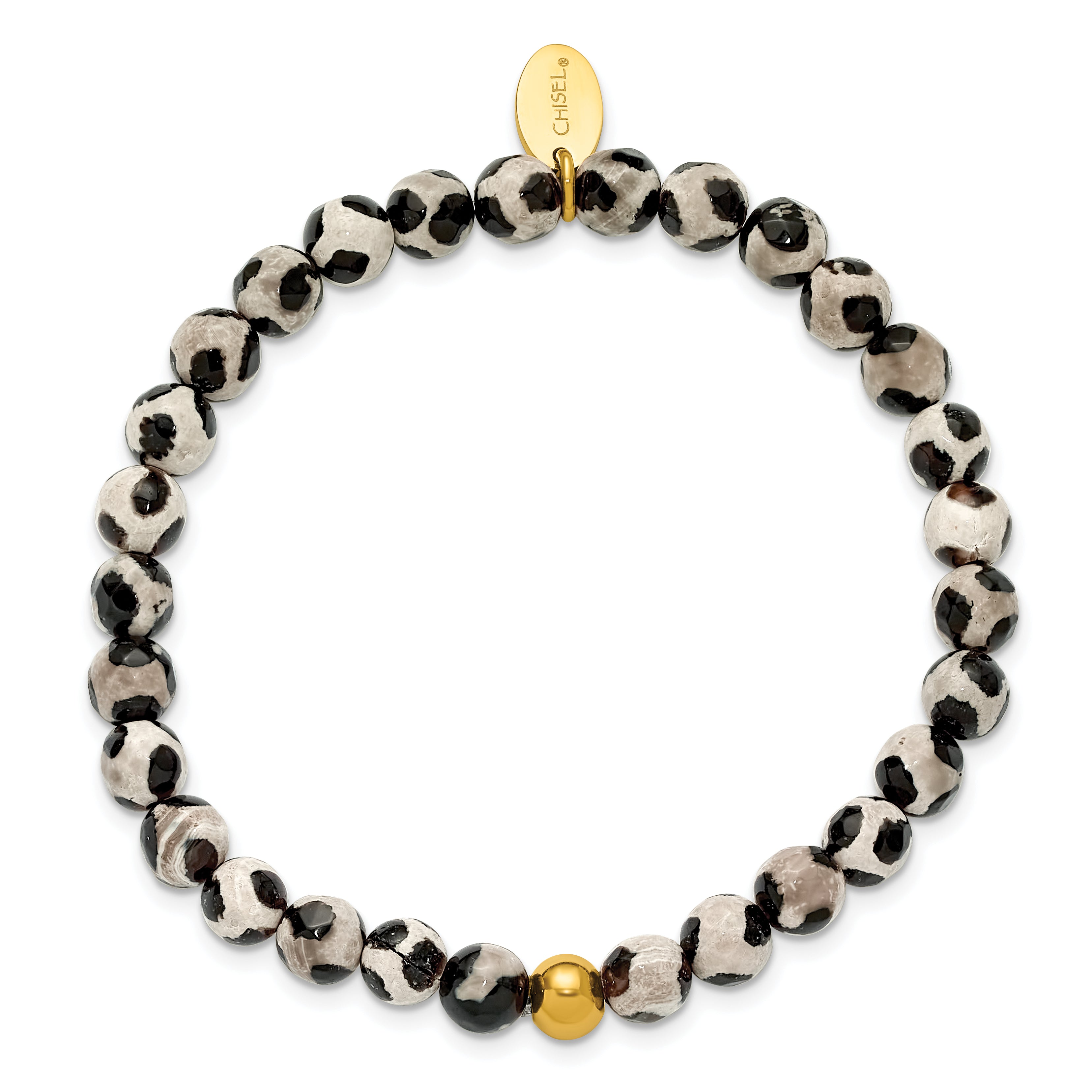 Gold-Tone Polished Black Agate Stainless Steel Bracelet 6mm 6.25in