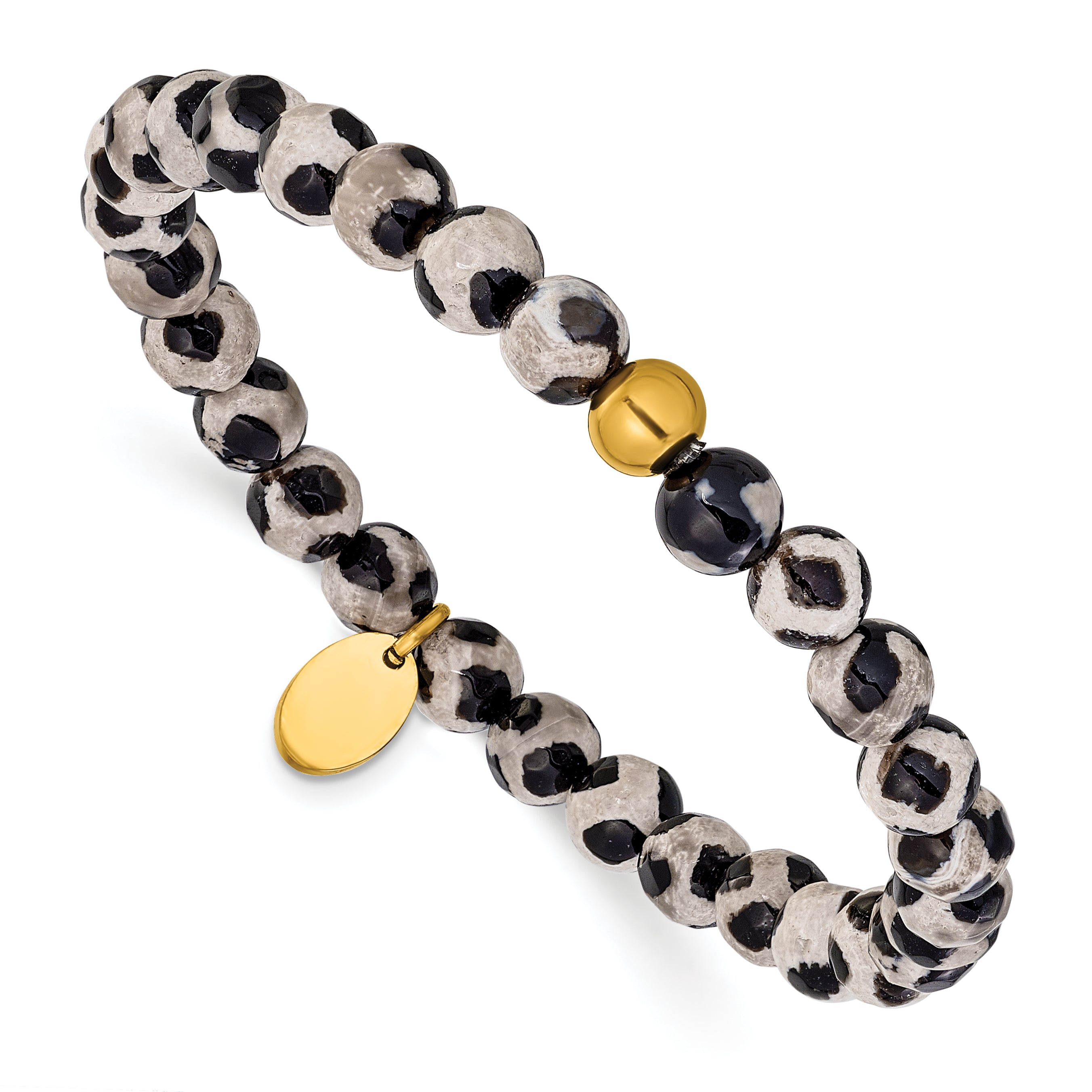 Gold-Tone Polished Black Agate Stainless Steel Bracelet 6mm 6.25in