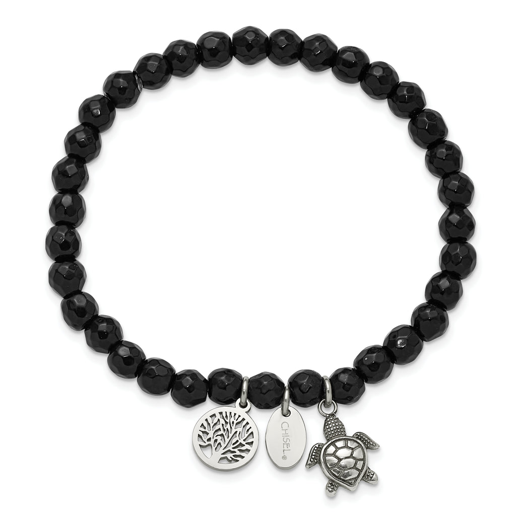 Antiqued Black Agate Tree of Life Stainless Steel Bracelet 6mm
