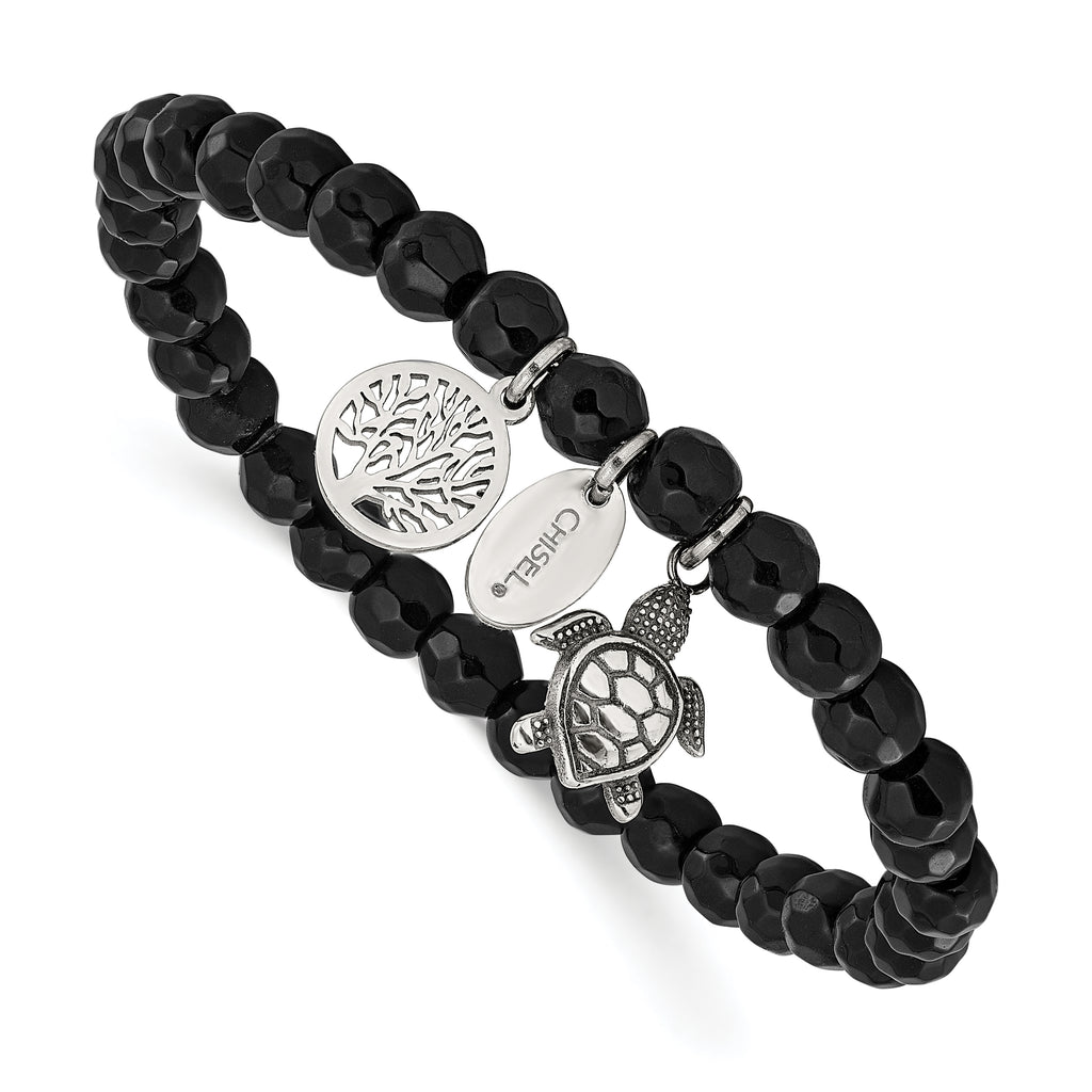 Antiqued Black Agate Tree of Life Stainless Steel Bracelet 6mm