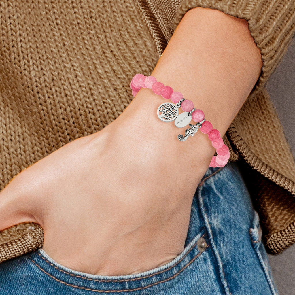 Polished Pink Jade Tree of Life Stainless Steel Bracelet 6mm