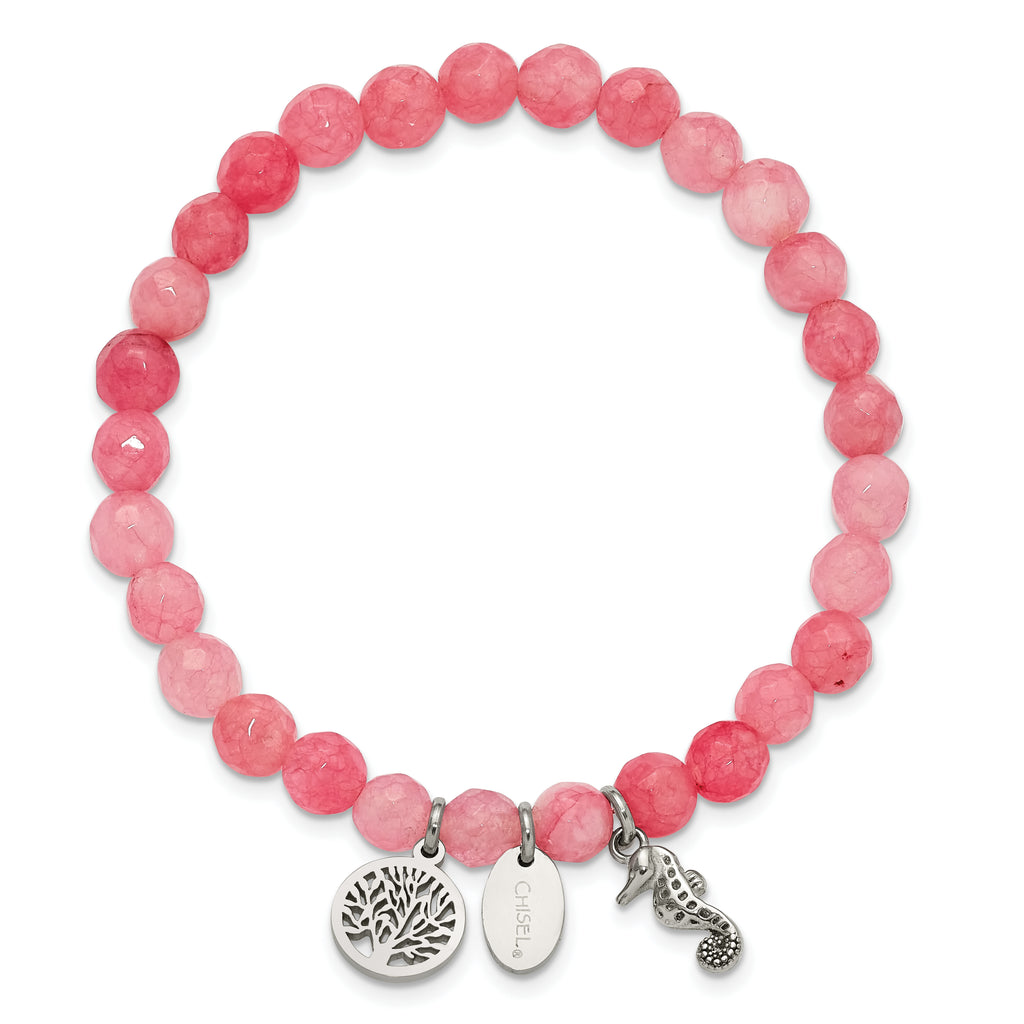 Polished Pink Jade Tree of Life Stainless Steel Bracelet 6mm