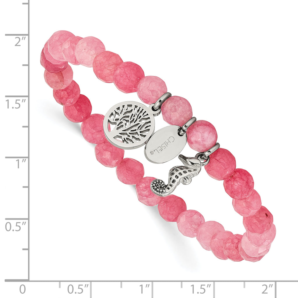 Polished Pink Jade Tree of Life Stainless Steel Bracelet 6mm