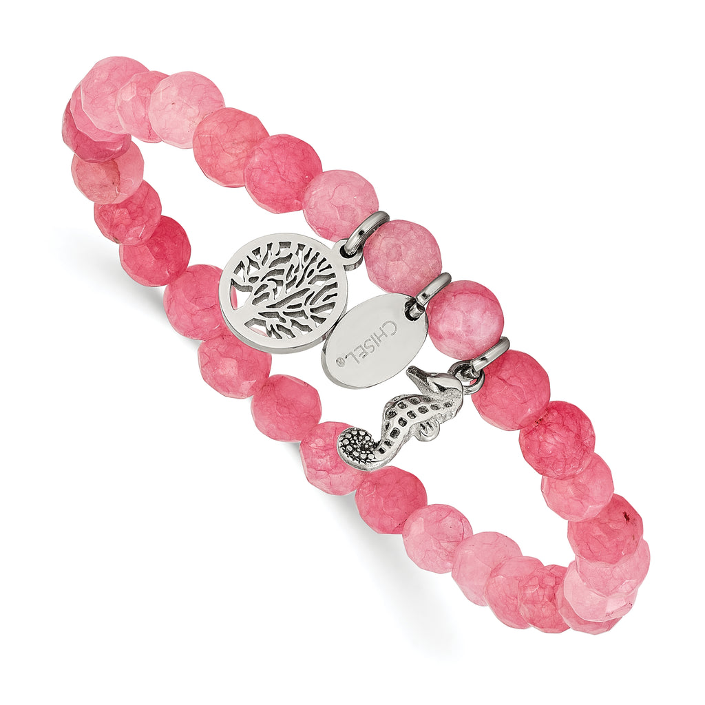 Polished Pink Jade Tree of Life Stainless Steel Bracelet 6mm