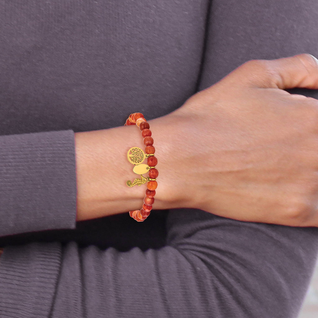 Gold-Tone Polished Red Agate Tree of Life Stainless Steel Bracelet 6mm