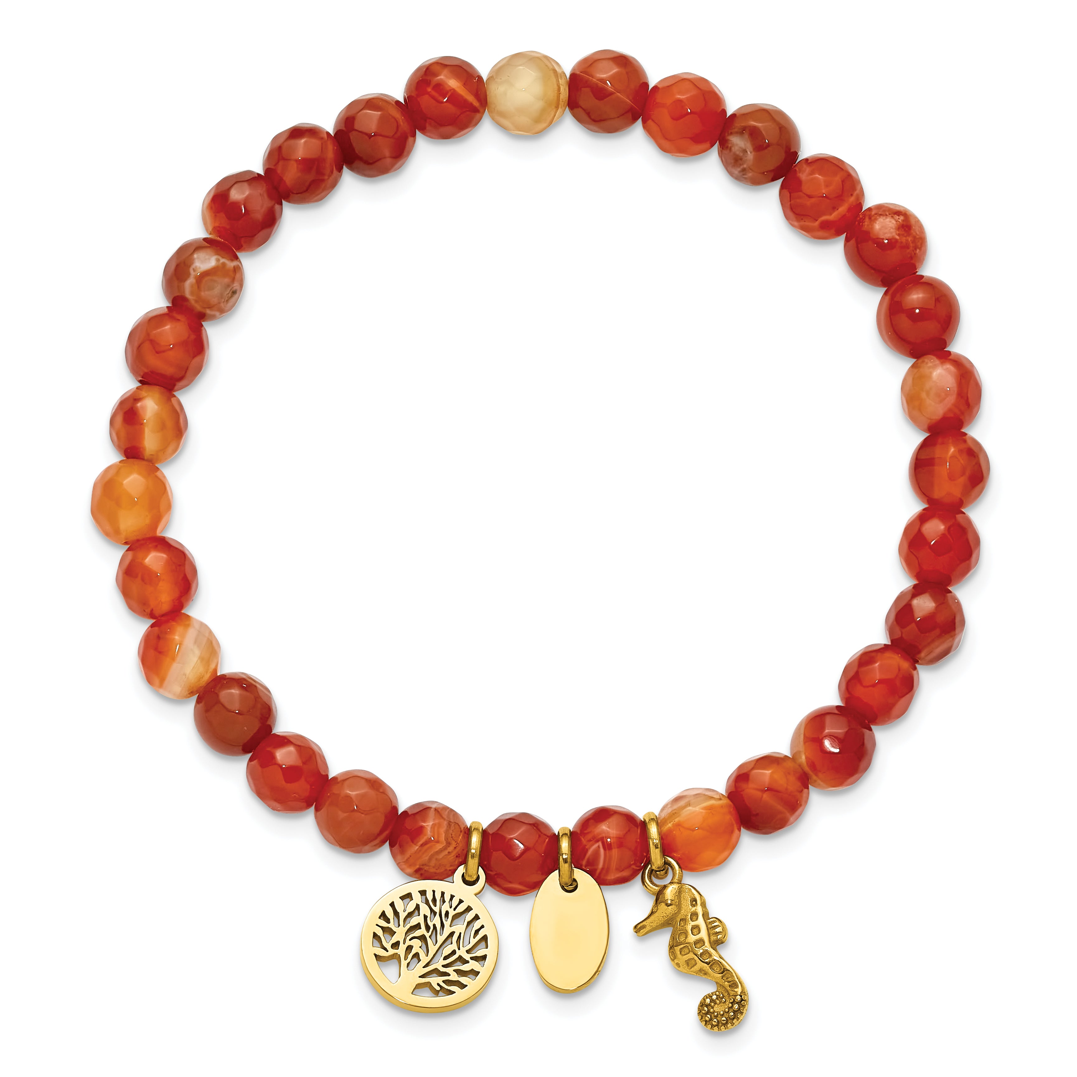 Gold-Tone Polished Red Agate Tree of Life Stainless Steel Bracelet 6mm
