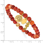 Gold-Tone Polished Red Agate Tree of Life Stainless Steel Bracelet 6mm