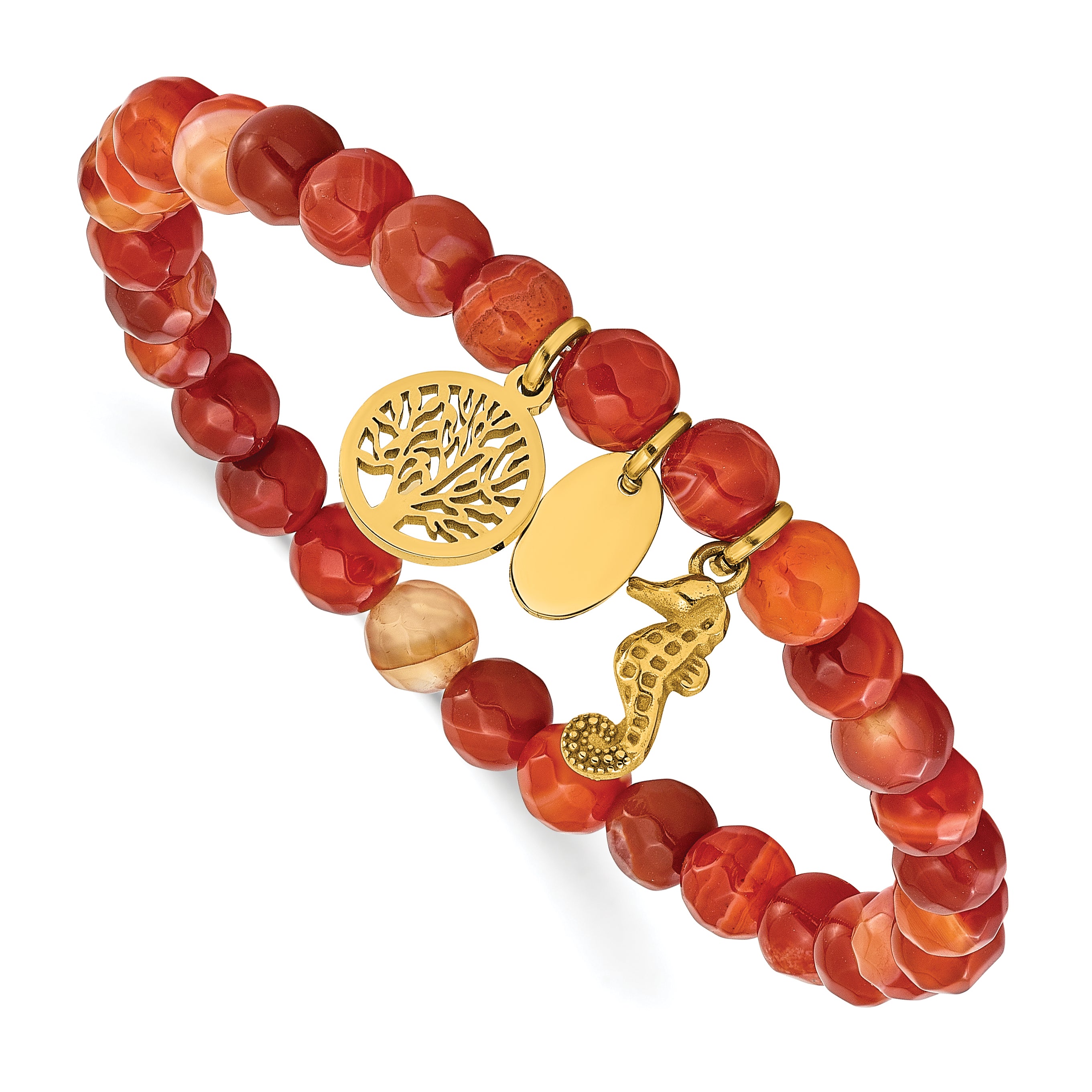 Gold-Tone Polished Red Agate Tree of Life Stainless Steel Bracelet 6mm