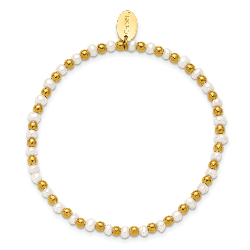 Gold-Tone Polished Freshwater Cultured Pearl Stainless Steel Bracelet 3mm