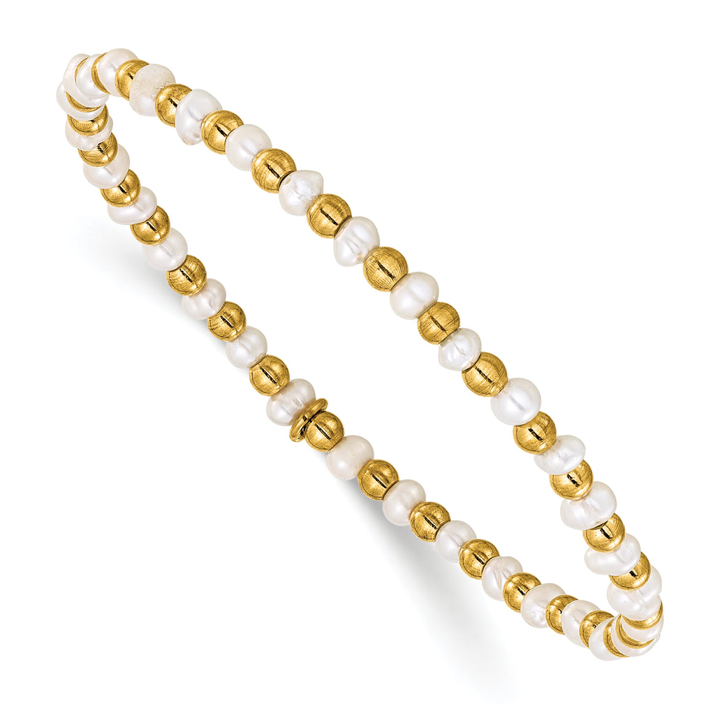 Gold-Tone Polished Freshwater Cultured Pearl Stainless Steel Bracelet 3mm
