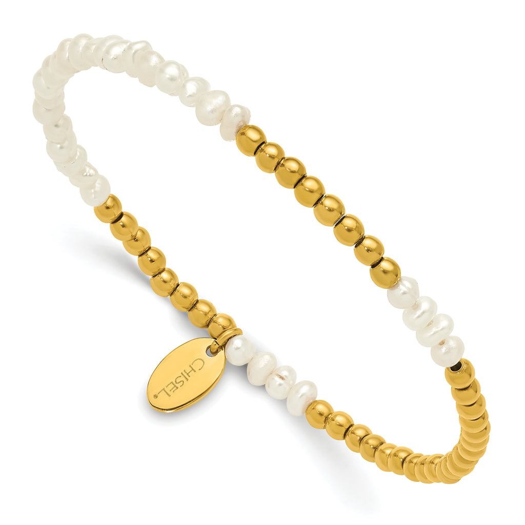Gold-Tone Polished Freshwater Cultured Pearl Stainless Steel Bracelet 3.5mm