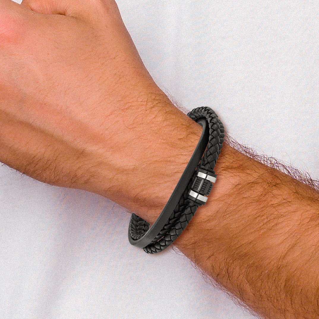 Men's Polished Leather Stainless Steel Bracelet 5.4mm