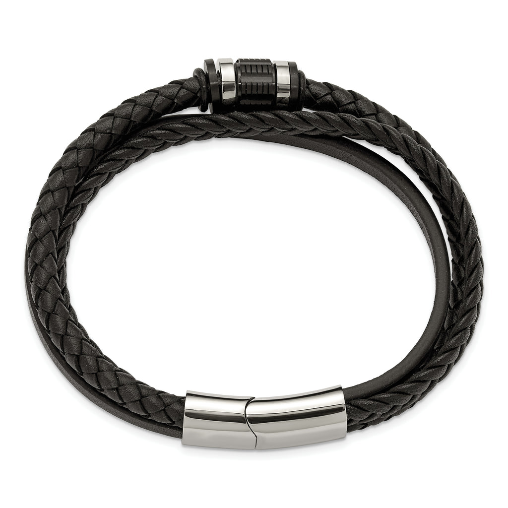 Men's Polished Leather Stainless Steel Bracelet 5.4mm