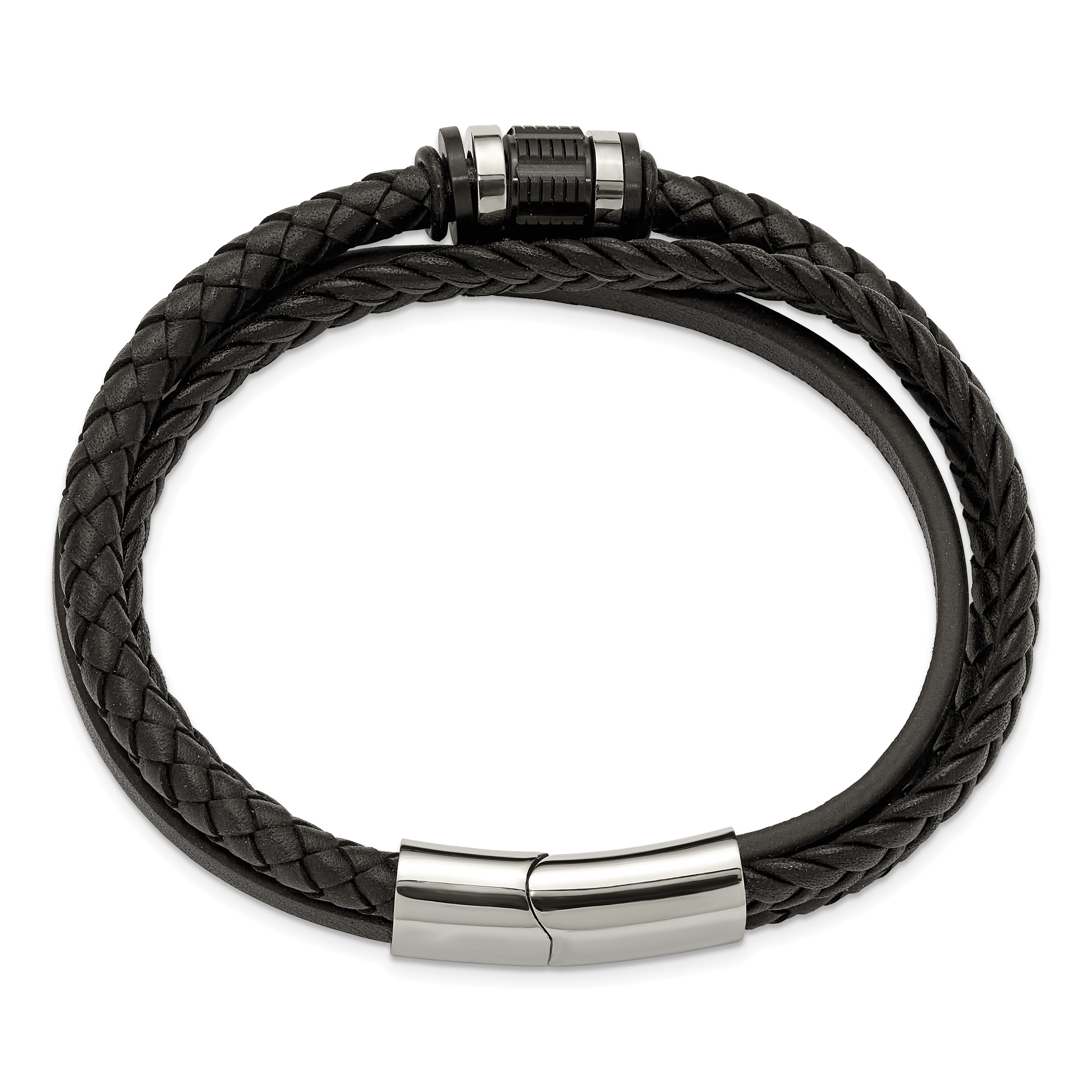 Men's Polished Leather Stainless Steel Bracelet 5.4mm