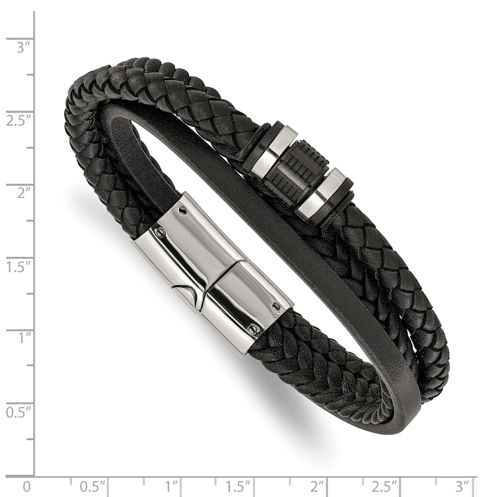 Men's Polished Leather Stainless Steel Bracelet 5.4mm