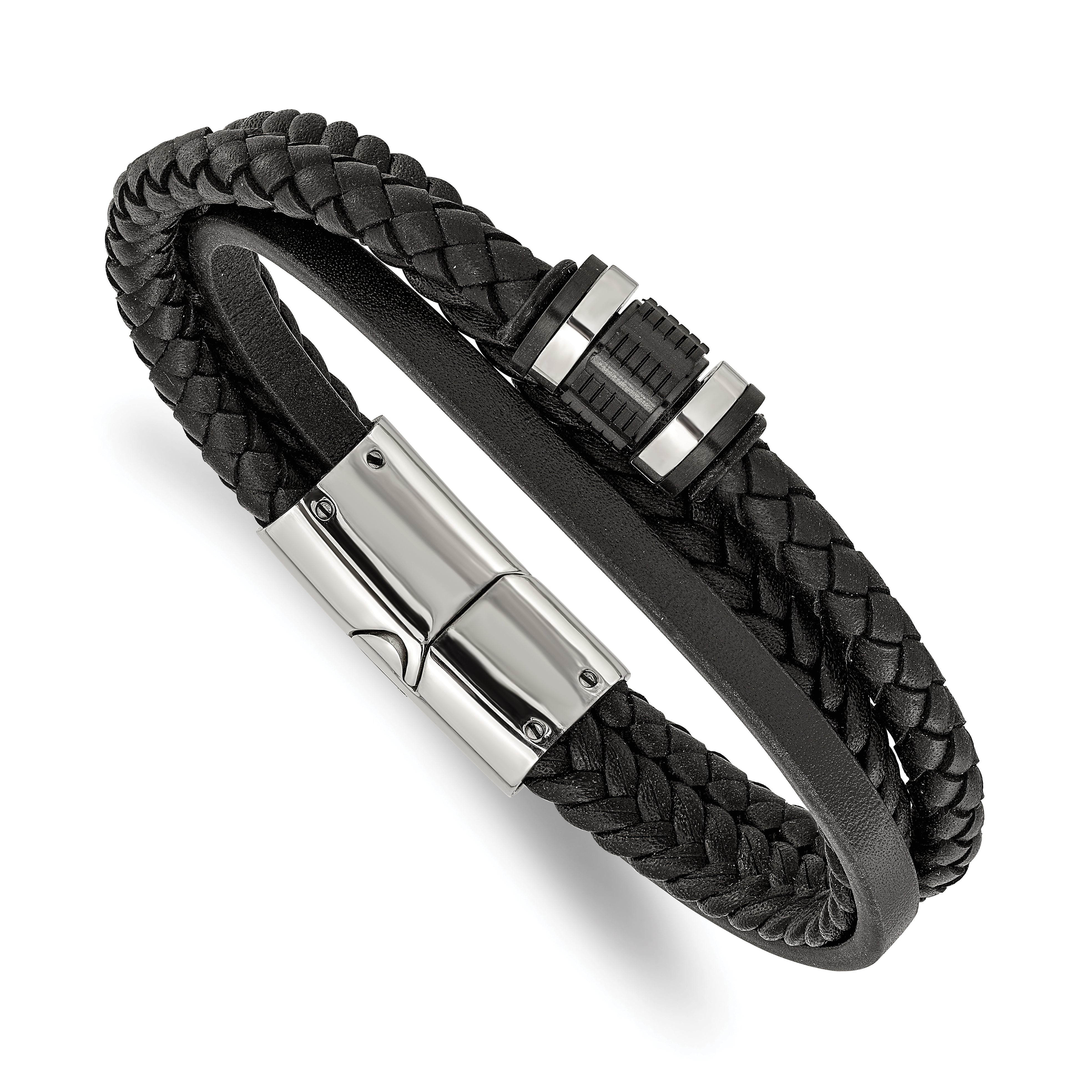 Men's Polished Leather Stainless Steel Bracelet 5.4mm Main image