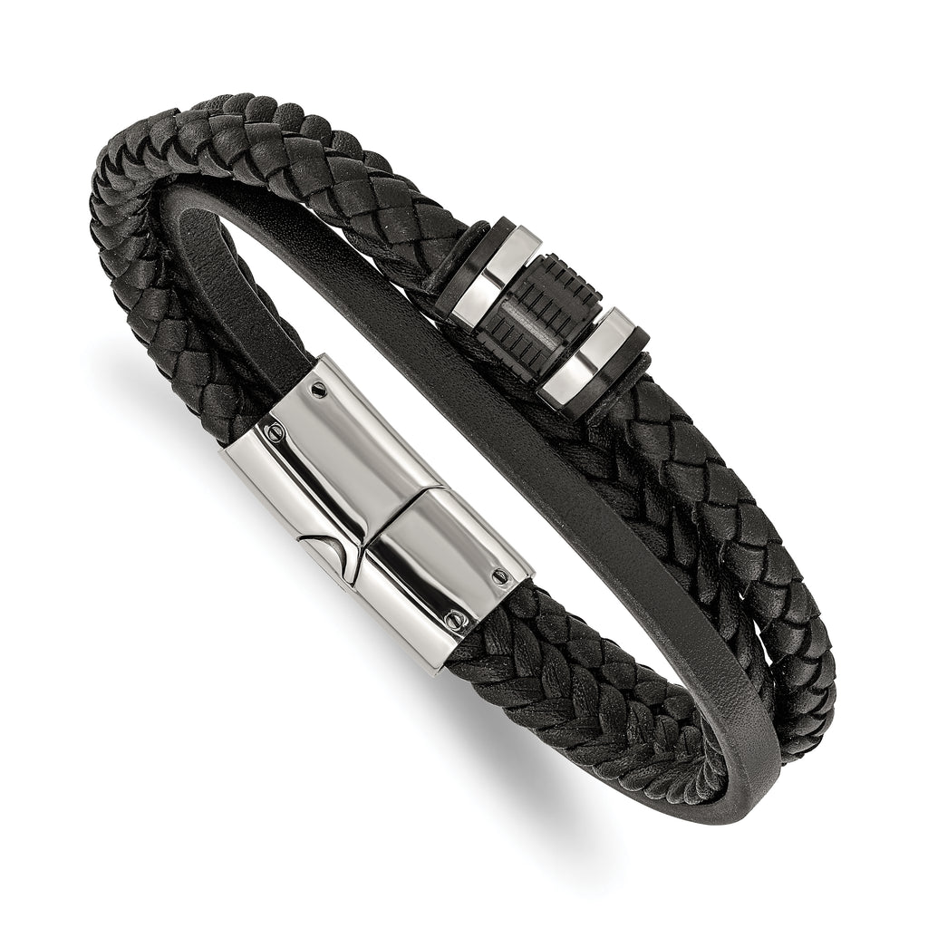 Men's Polished Leather Stainless Steel Bracelet 5.4mm