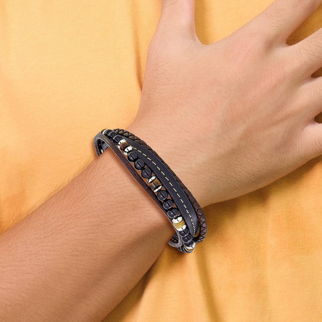 Men's Polished Brown Tiger's Eye Leather Stainless Steel Bracelet 6mm