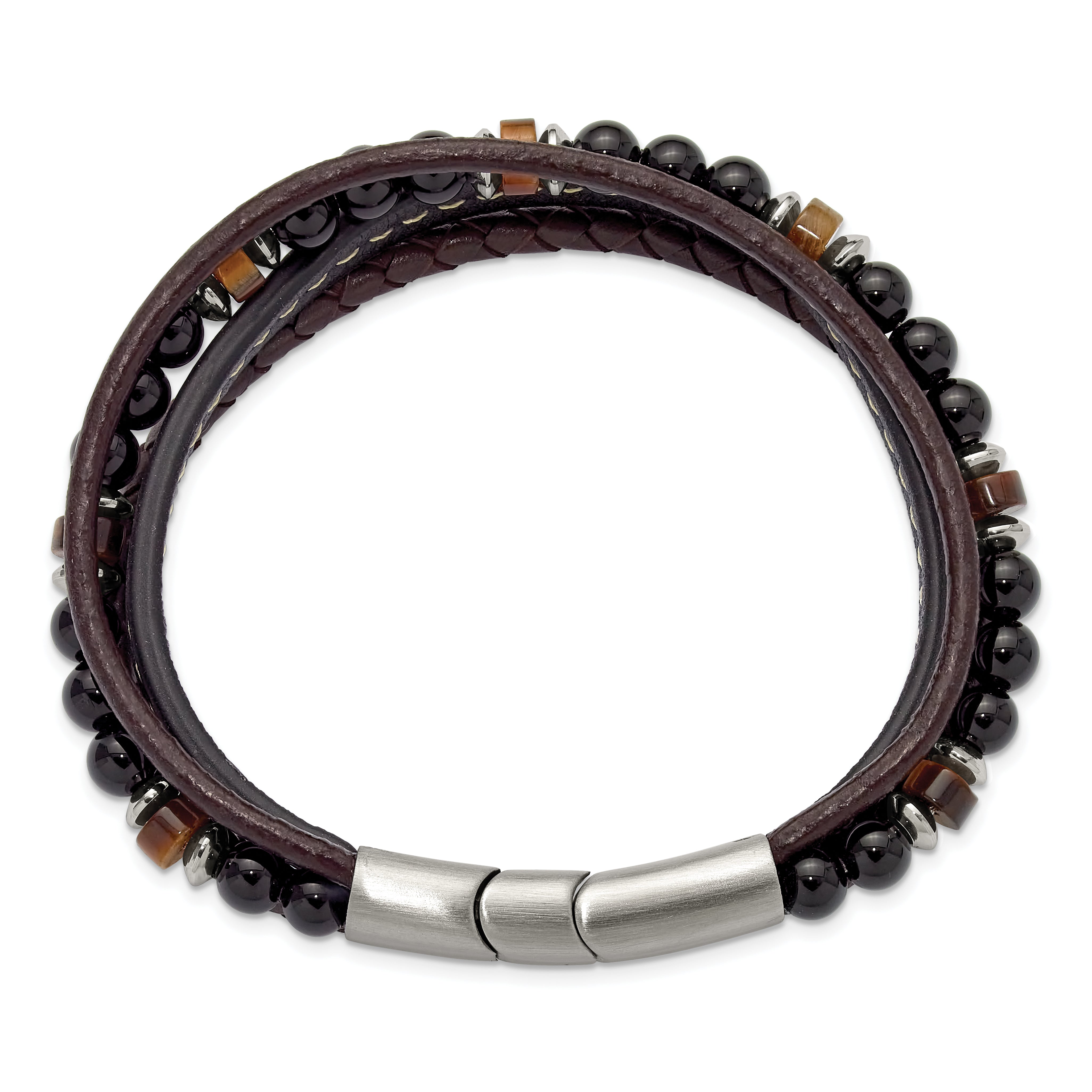 Men's Polished Brown Tiger's Eye Leather Stainless Steel Bracelet 6mm Secondary image