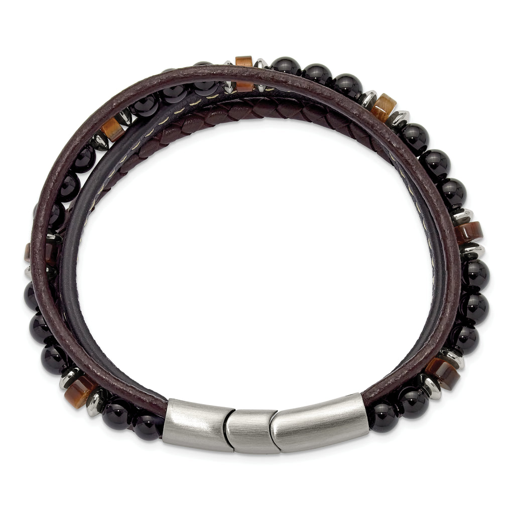 Men's Polished Brown Tiger's Eye Leather Stainless Steel Bracelet 6mm