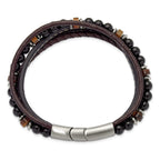 Men's Polished Brown Tiger's Eye Leather Stainless Steel Bracelet 6mm