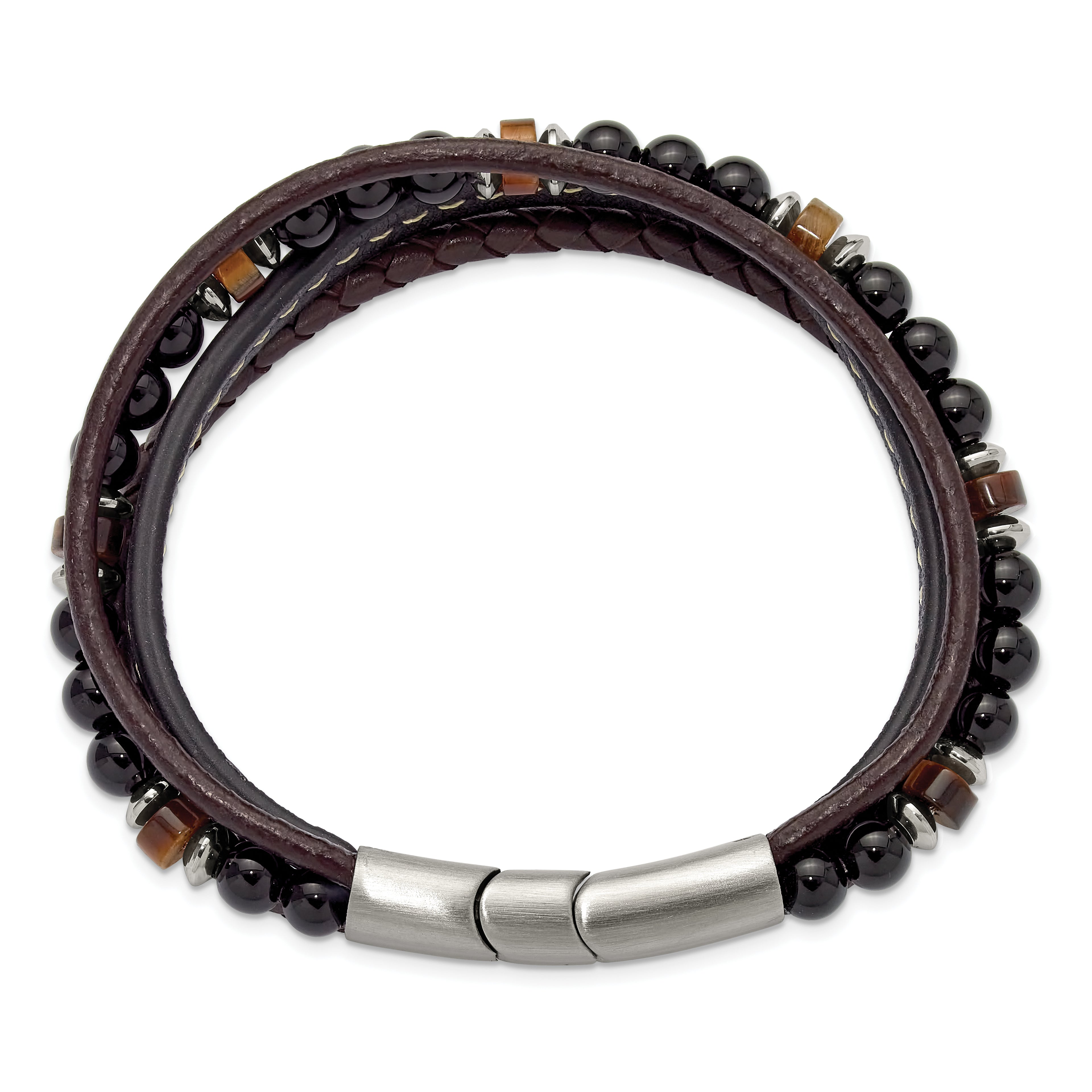 Men's Polished Brown Tiger's Eye Leather Stainless Steel Bracelet 6mm