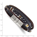 Men's Polished Brown Tiger's Eye Leather Stainless Steel Bracelet 6mm