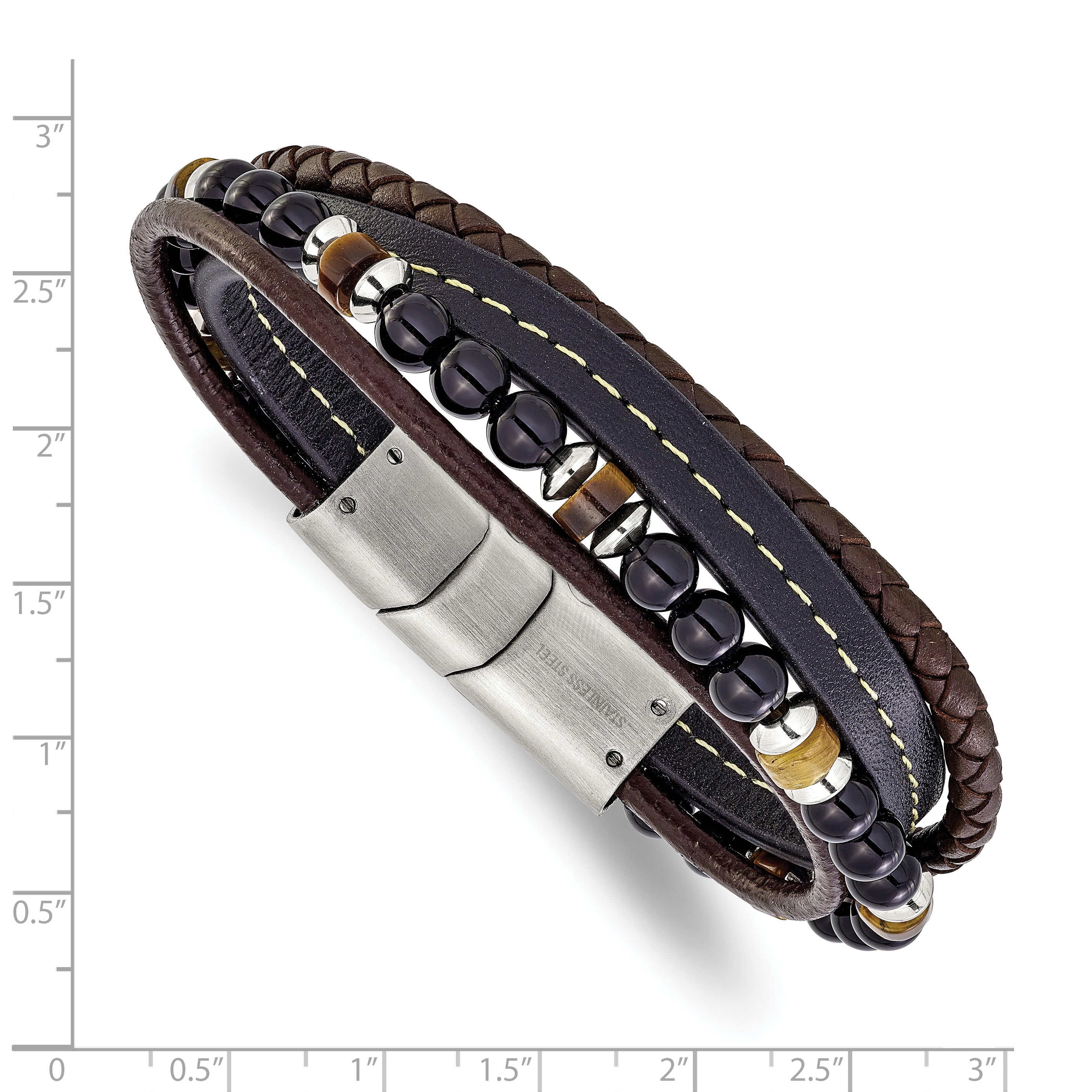 Men's Polished Brown Tiger's Eye Leather Stainless Steel Bracelet 6mm